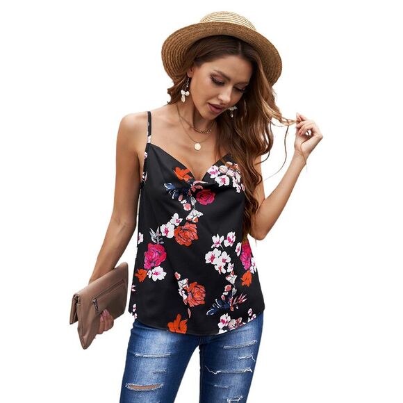 Azura Exchange  Black Floral Print Cowl Neck Spaghetti Straps Tank Top - Picture 11 of 13